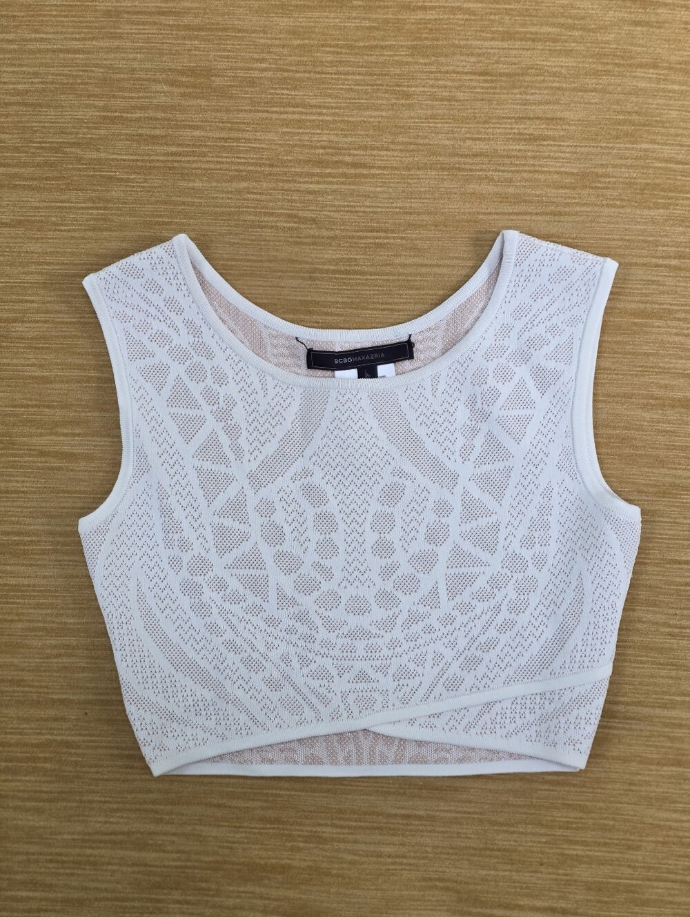 BCBGMaxAzria XXS White Lace-Pattern Crop Tank Cream